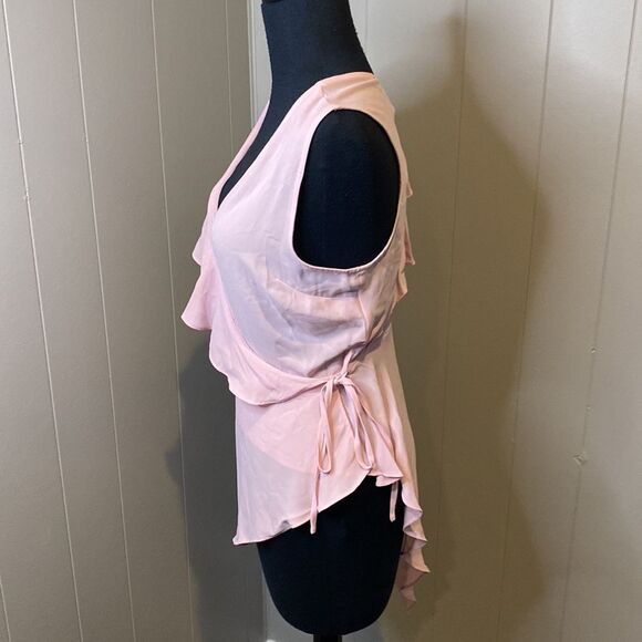 NWT BCBGMaxazria Small Tunic Top Asymmetrical Wrap Sheer Pink Ruffle - Picture 4 of 8